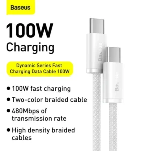BASEUS Dynamic Series 100W 1m Fast Charging Data Cable Type-C to Type-C Braided Cord – White